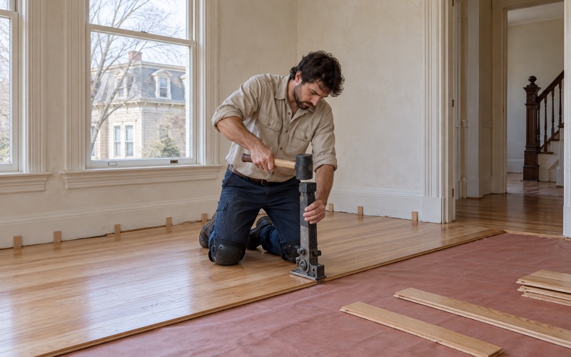 Worker nailing new red oak strip flooring with a manual flooring nailer in the parlor of a mansard-roofed Somerville house.