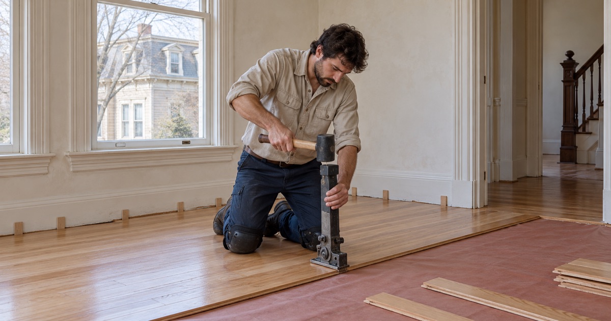 Worker nailing new red oak strip flooring with a manual flooring nailer in the parlor of a mansard-roofed Somerville house.