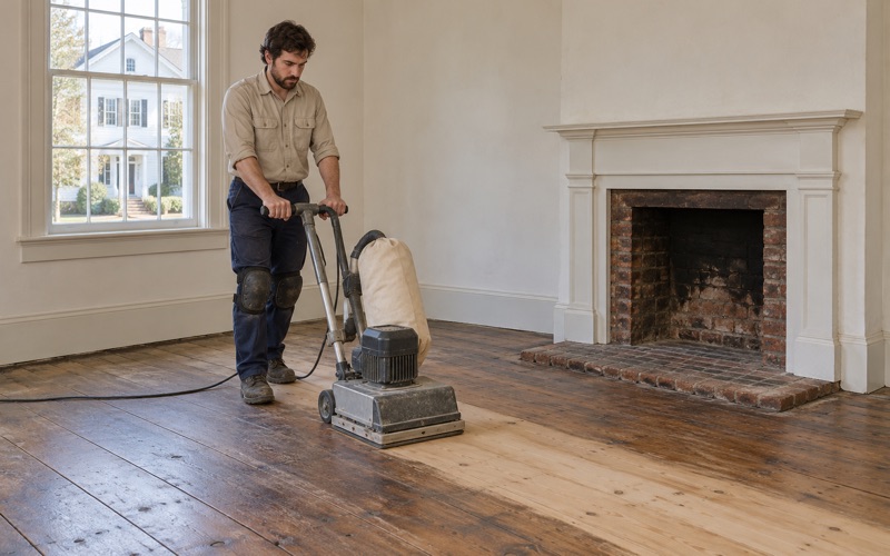 Worker sanding an old wide pine floor with a square-pad orbital floor sander in the front room of an early Greek Revival house in Somerville.