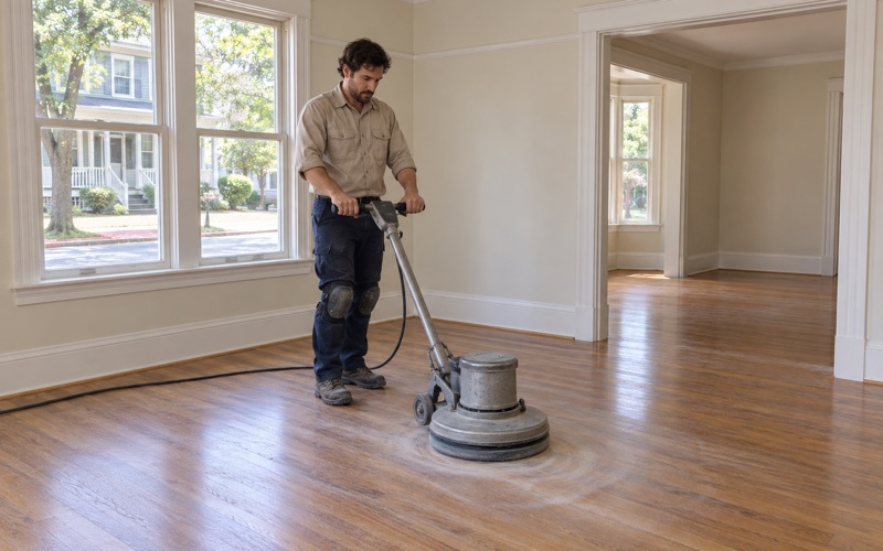 Worker screening a sound oak floor with a floor buffer before a fresh recoat in a Somerville condominium in a converted two-family.