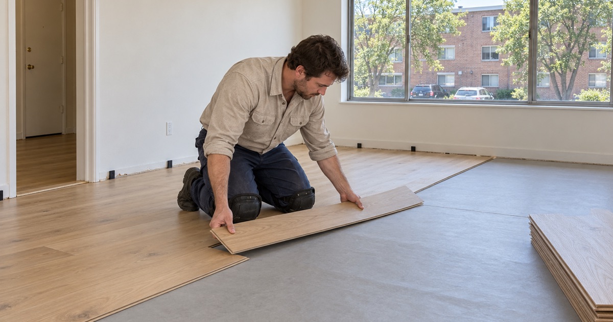 Worker angling a new engineered oak plank into place after the carpet came out of a unit in an Arlington mid-century apartment building.