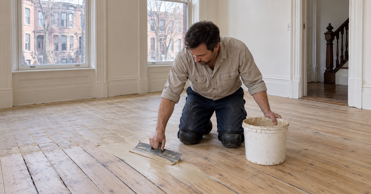 Worker trowel-filling the joints of narrow pine floorboards in an upper-floor room of a Back Bay row house.