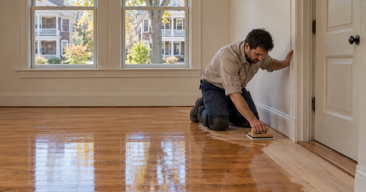 Worker brushing finish along the wall edge of a refinished oak floor in the downstairs unit of a lived-in Belmont two-family.