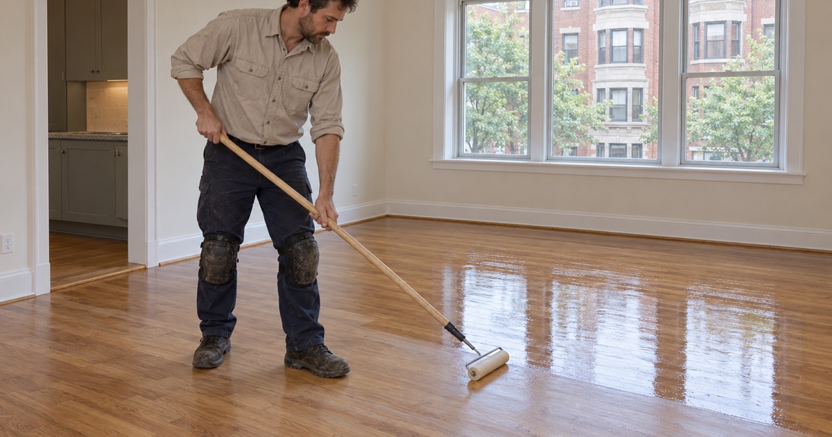 Worker rolling a maintenance coat of finish onto the oak floor of an owner-occupied condominium in a Brookline brick apartment building.