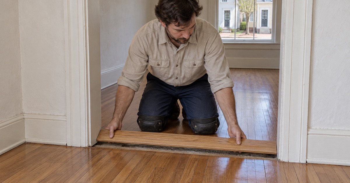 Worker setting a new oak threshold between the two small rooms of an old workers’ cottage in East Cambridge.