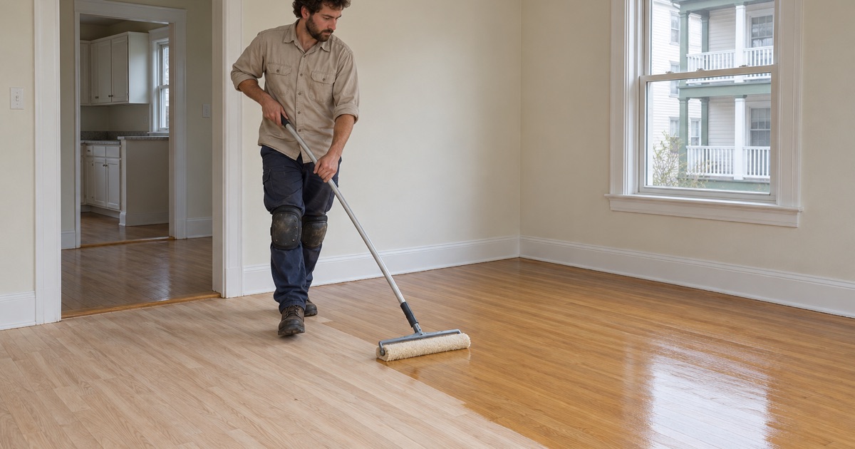 First coat going onto a sanded hardwood floor in a Chelsea apartment.