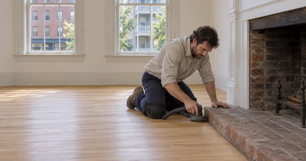 Worker sanding along the edge of an old floor in an 1840s Greek Revival house on a Jamaica Plain street of mixed-age buildings.