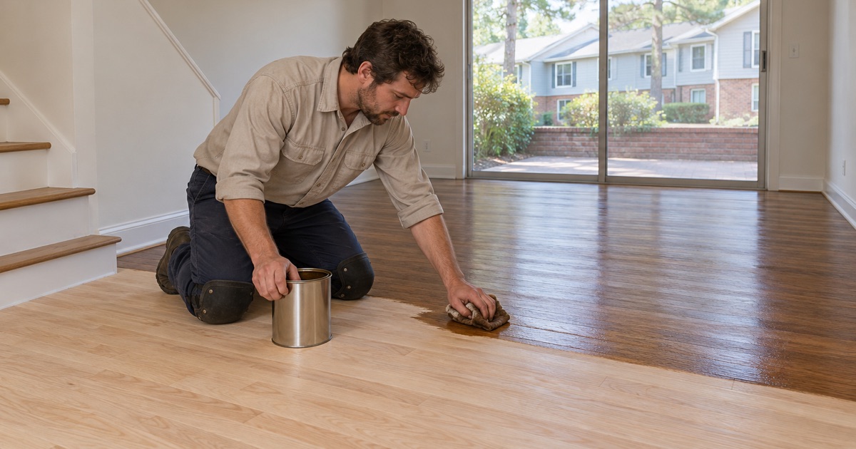 Worker wiping stain along the grain of a sanded oak floor in a 1960s townhouse condominium in Lexington.