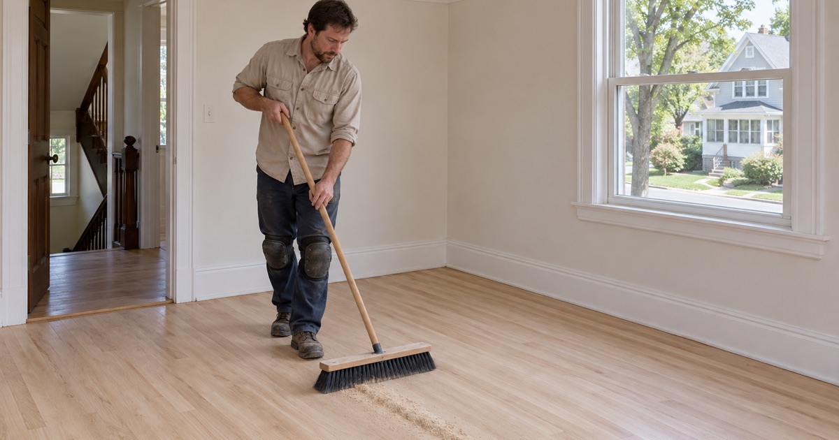 Worker sweeping a freshly sanded oak floor in a newly bought condominium in a converted Medford two-family before move-in.