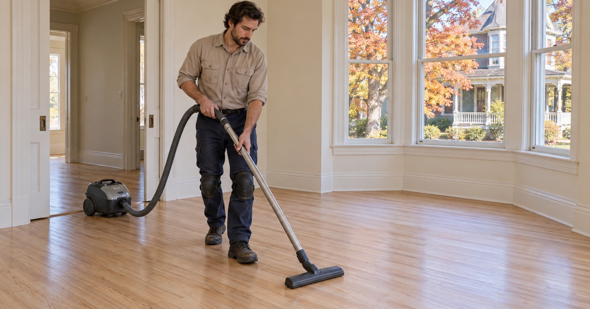Worker vacuuming sanding dust off bare oak between coats in the living room of a Newton Victorian two-family.