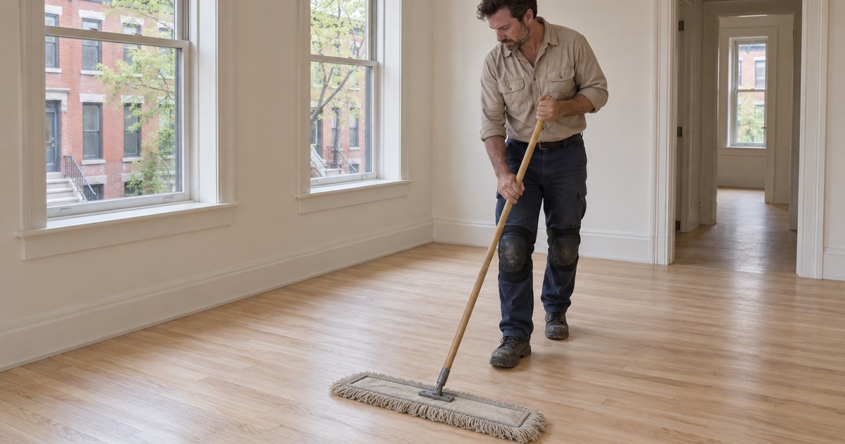 Worker clearing sanding dust from a wood floor in a North End unit.
