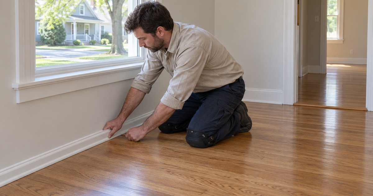 Worker fitting shoe molding back after refinishing an oak floor in a West Roxbury house.