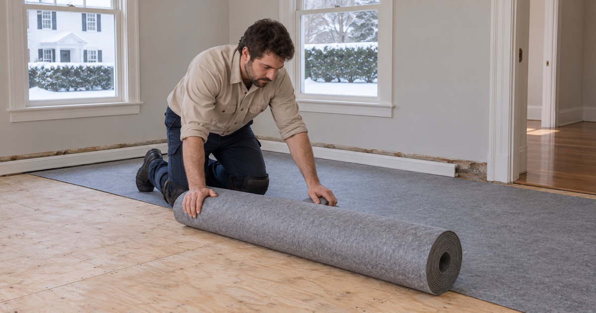 Worker unrolling underlayment for a new floor in rooms being turned into an accessory apartment inside a Winchester Colonial Revival house.